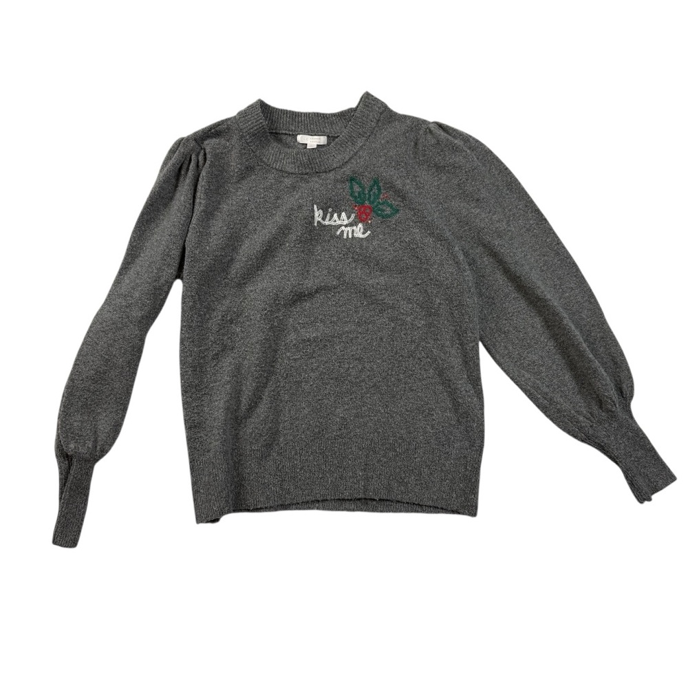 LC Lauren Conrad "Kiss Me" Mistletoe Sweater Womens L Gray Puff Sleeve Holiday